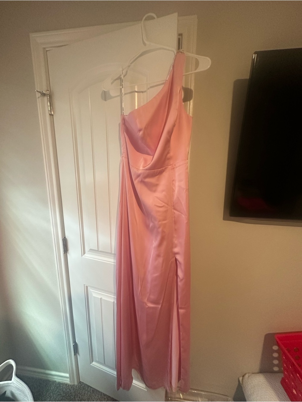 Pink Satin One-Shoulder Evening Gown